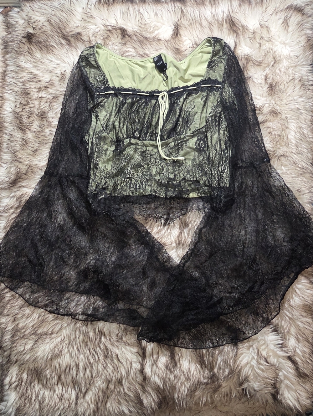 Cider Sheer Black Lace Long Sleeve Top with Olive Green Lining